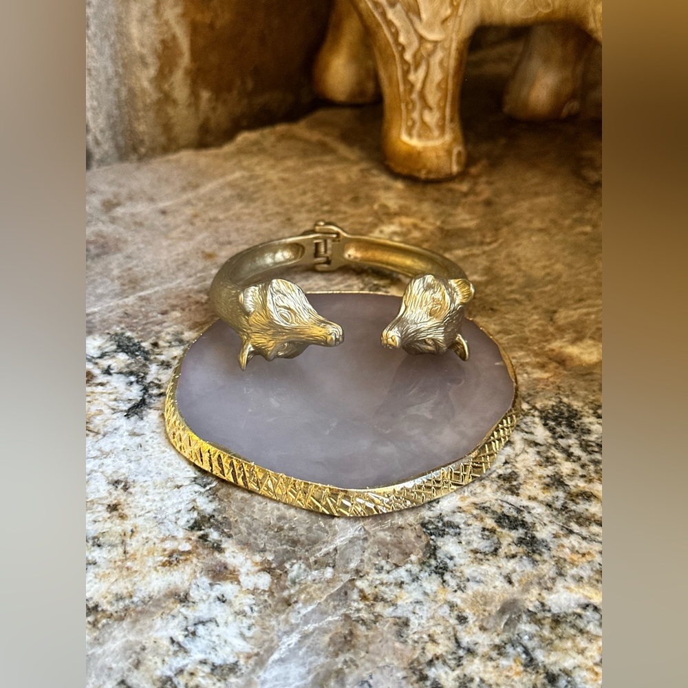 Matte Gold Double Headed Wolf Hinged Cuff Bracelet